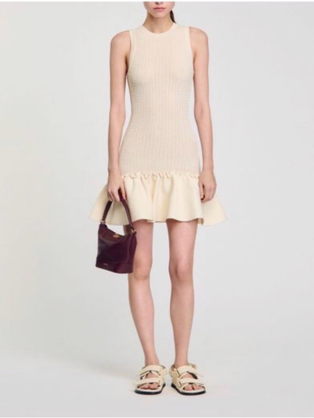 Sandro Cream Sleeveless Ribbed Knit Mini Dress with Ruffle Hem